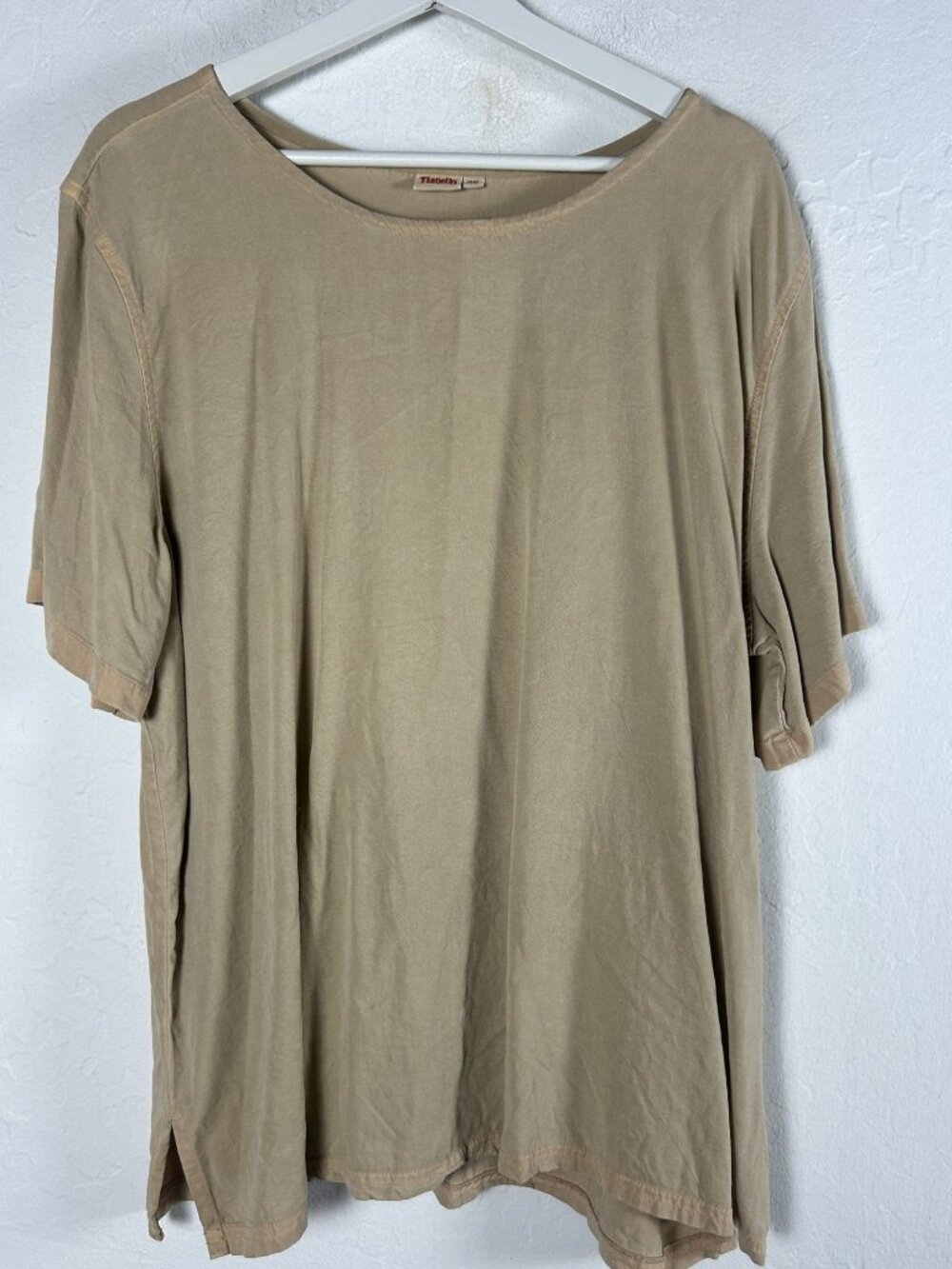 Tianello Womens Tan Short Sleeve T-Shirt Size 0X Tencel Blend Casual Made In USA